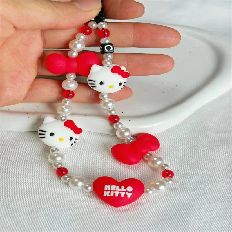 Lovely Sanrio Hello Kitty Doll Pearl Keychain Mobile Phone Ccd Anti Loss Rope Dyi Jewelry Pendant Portable Strap Accessory Gifts