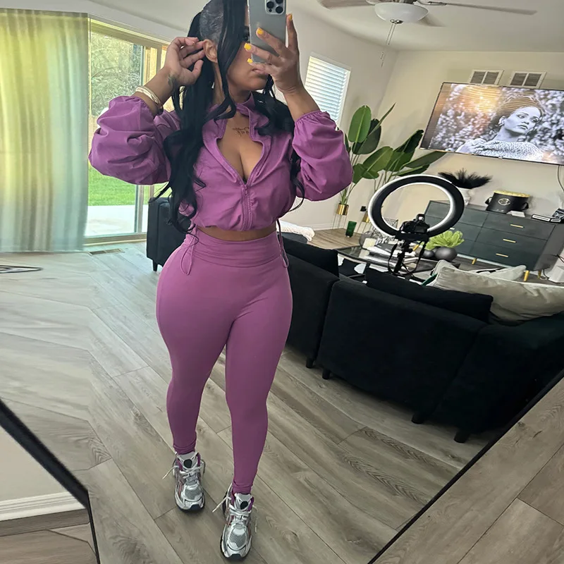 Tracksuits Women Solid Sports Two Piece Sets Zipper Drawstring Tops And Jogger Pants Skinny Sexy Gym Autumn Winter Lady Clothes