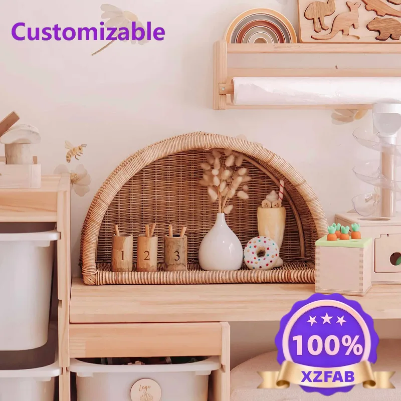 Factory Direct 2026 Nordic style rattan wall hanging rack wall hanging arched decorative storage finishing rackhome finishing