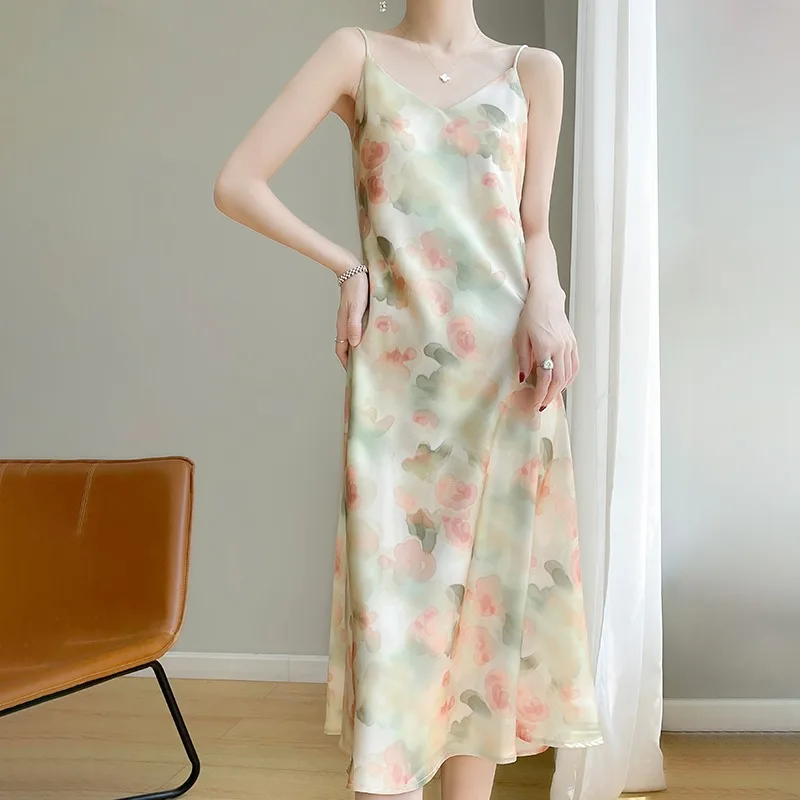 Ele الحرير الساتان الأزهار طباعة V-Ne ألف خط طويل الدكتور المرأة الصيف التخسيس حزام الدكتور الكورية Sle تنورة عالية الخصر #4