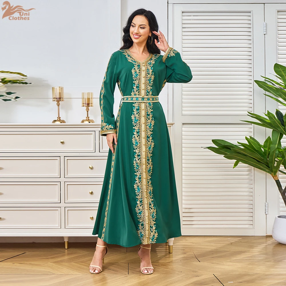 Eid Stickerei Arabischen Muslimischen Party Kleid für Frauen Abaya Jalabiya Lange Kleider Belted Kaftan Vestidos Dubai Ramadan Kleid Robe