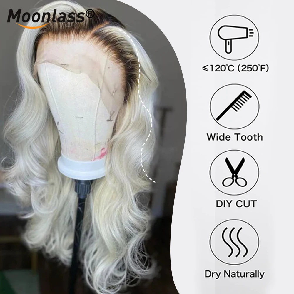 Moonlass Christmas Platinum Blonde Wig With Dark Roots Body Wave 100% Real Human Hair Wig 210% Density Pre Cut Ready To Wear Wig