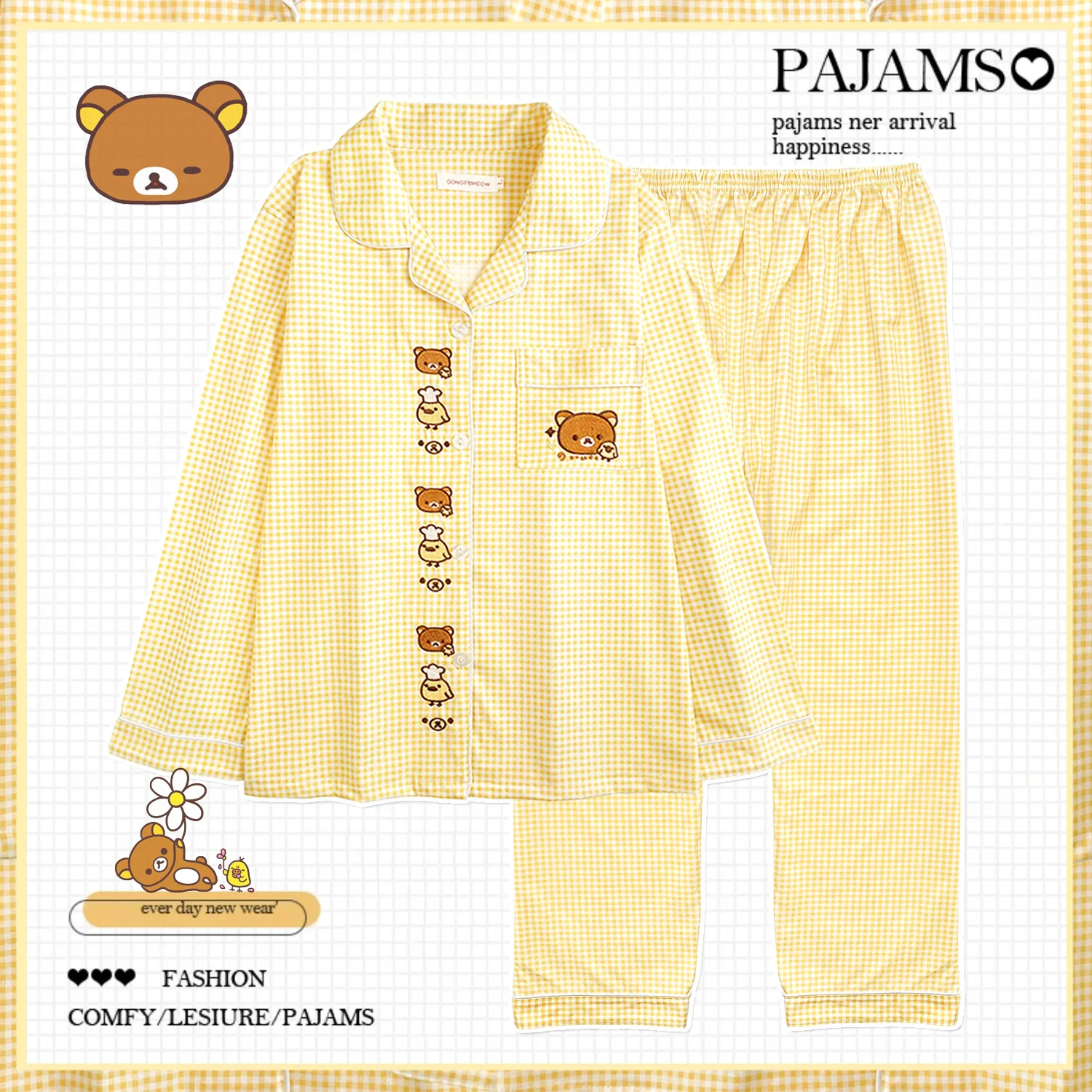 

Женская пижама Kawaii Rilakkuma с длинными рукавами, желтая в клетку, с вышивкой, из тонкого хлопка, для дома, весна-осень, подарок для студенток