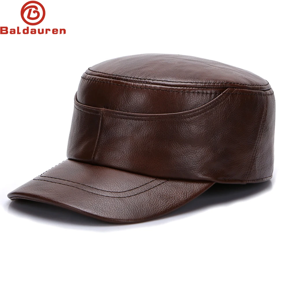 New Real Cow Leather Flat Cap Earflap Cap Men Real Leather Hats Fall Winter male 100% Genuine Real Cowhide Leather Military Caps