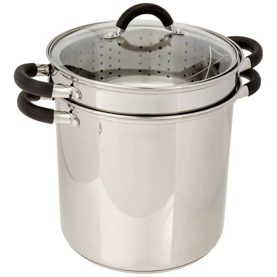 

12 Qt Multifunction Stainless Steel Pasta Cooker with Encapsulated Base, Vented Glass Lid, and Riveted Silicone Covered Handles