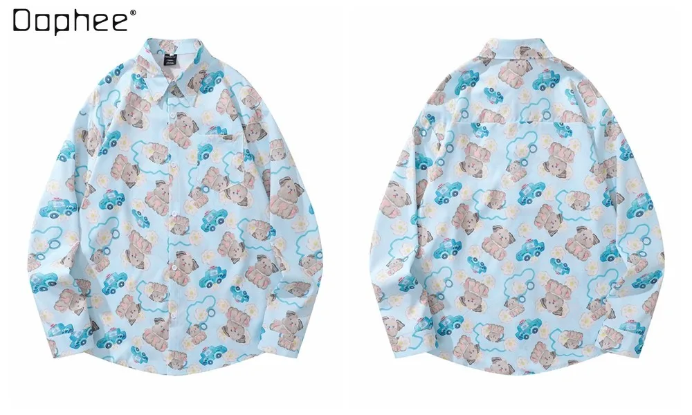 

Spring and Autumn Japanese Retro Style Oil Painting Floral Long Sleeve Shirt Men's Thin Loose Casual Cartoon Shirt