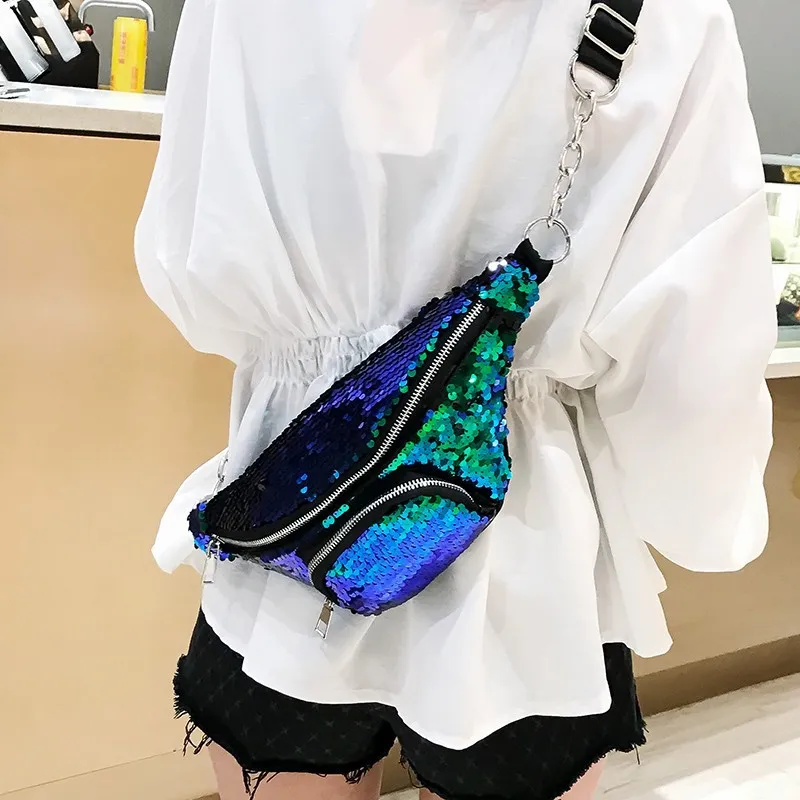 Fashion Sequins Waist Bag Women Crossbody Bags Ladies Fanny Pack for Women Luxury Handbag Bum Belt Chest Bag Female Waist Packs