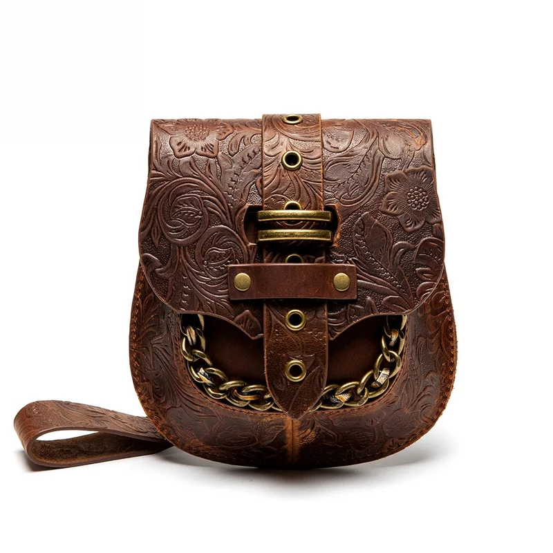 

Vintage Tooled Leather Saddle Bag For Women Retro Crossbody Bag With Metal Chain Punk Style Shoulder Handbag For Ladies