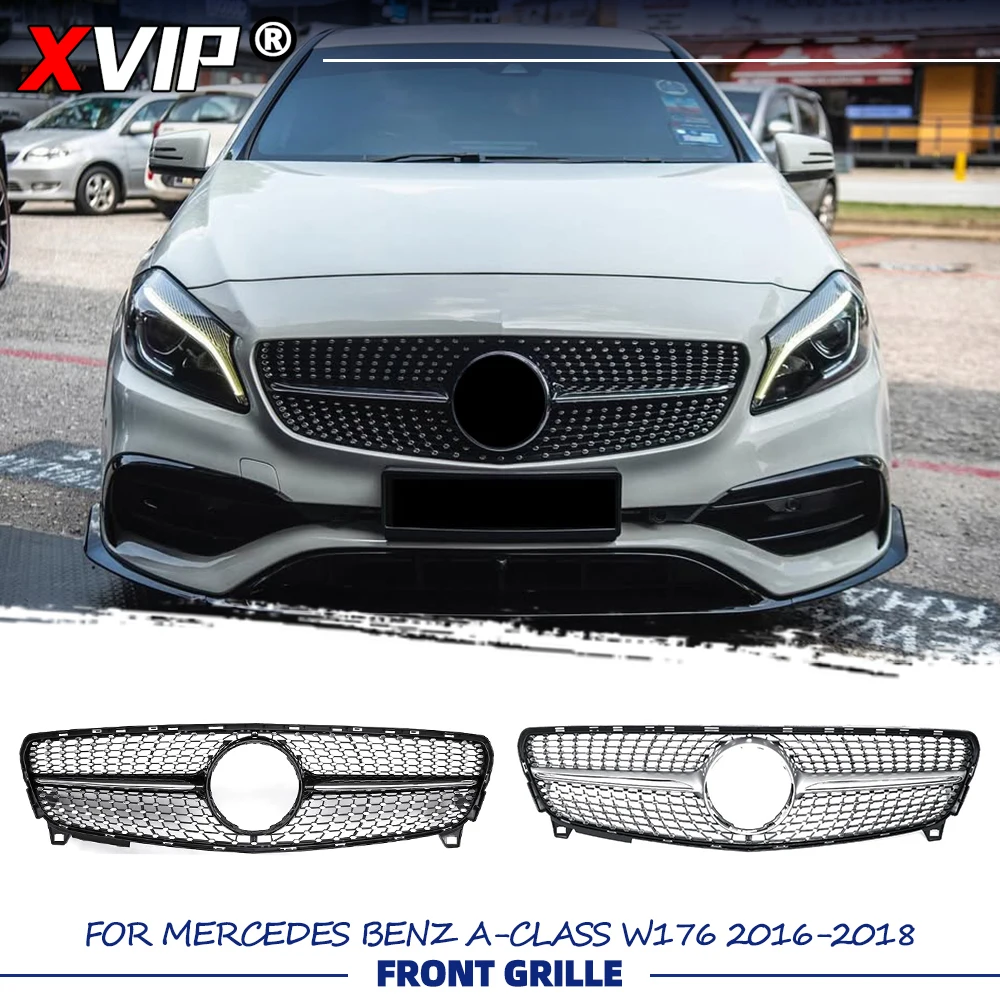 

XVIP Chrome Silver Diamonds Style Upper Grille For Mercedes Benz A-Class W176 2016-2018 A180 A200 A250 A45 Black Racing Grille