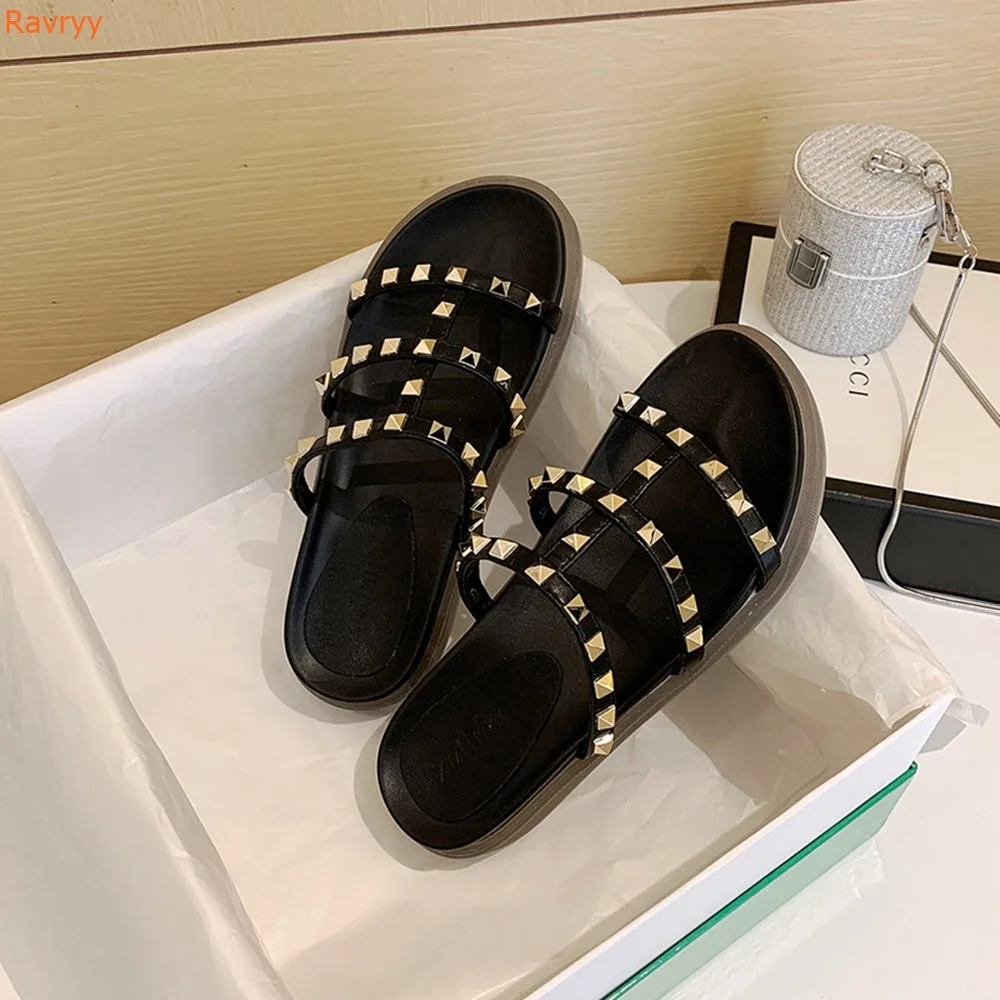 Rivet Platform Slippers Open Toe Slip On Flat with Slides Women Summer Casual Sandals 2024 Newest Fashion Outdoor Slippers