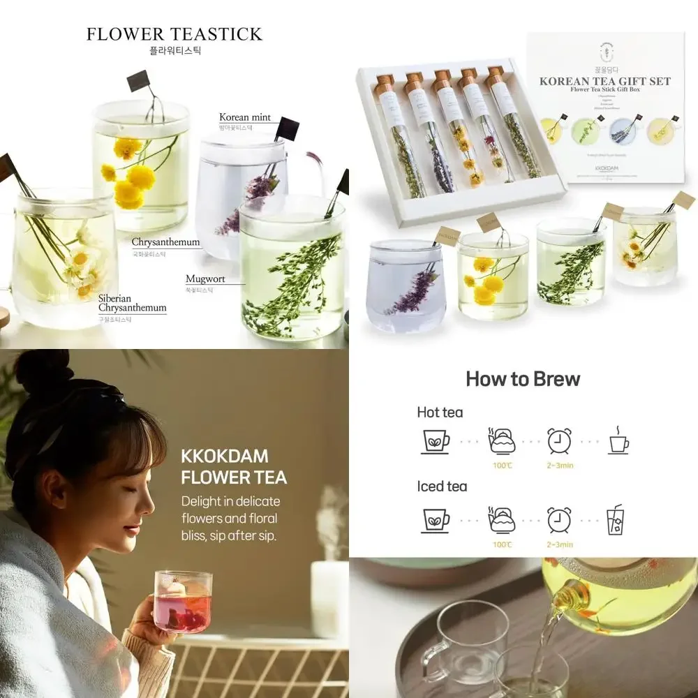 

Fancy Korean Tea Gift Set – Premium Flower Tea Stick Variety Pack - 5 Loose Leaf Blooming Flower Teas