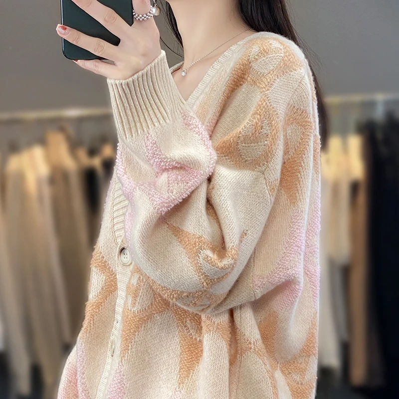 Women's cardigan wool sweater V-neck single breasted pink sweater autumn loose long sleeved knitted warm jacket