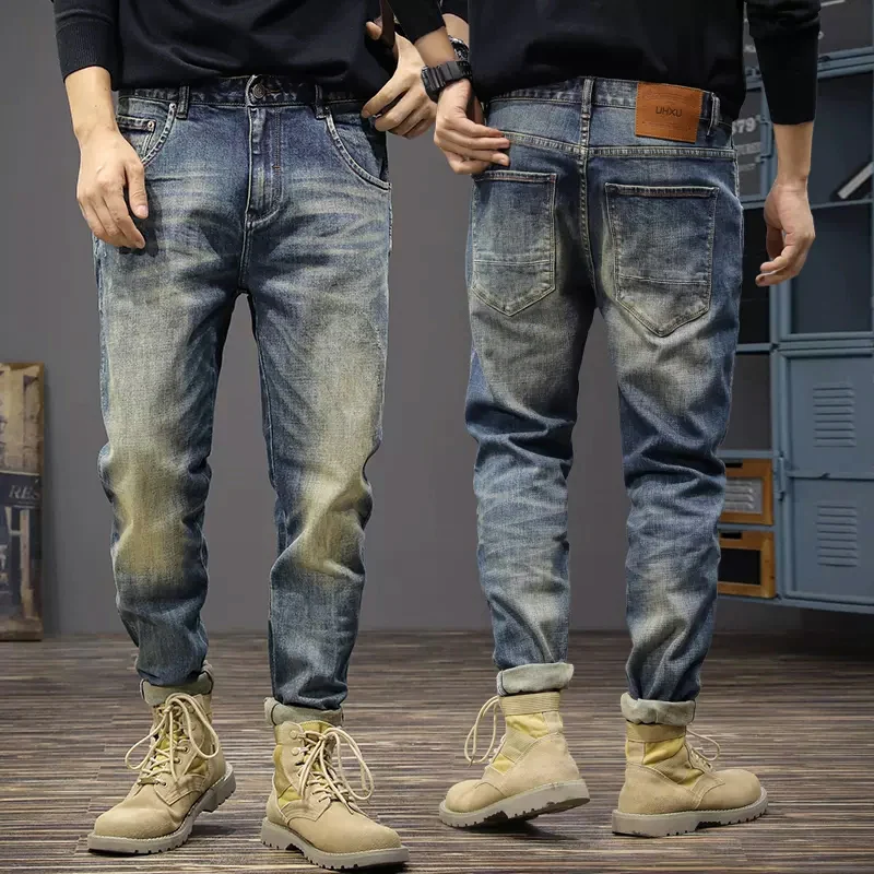 Projektant mody Męskie dżinsy Wysokiej jakości retro sprane niebieskie rozciągliwe Slim Fit Ripped Jeans Mężczyźni Włoski styl Vintage Denim Pants