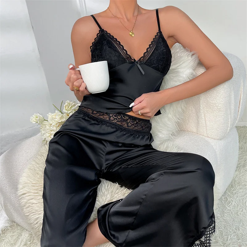 Sexy Pajamas Set V Neck Lace Camisole Elastic Waistband Pants Women\'s Sleepwear Loungewear Elegant Satin Pants Sets Nightwear