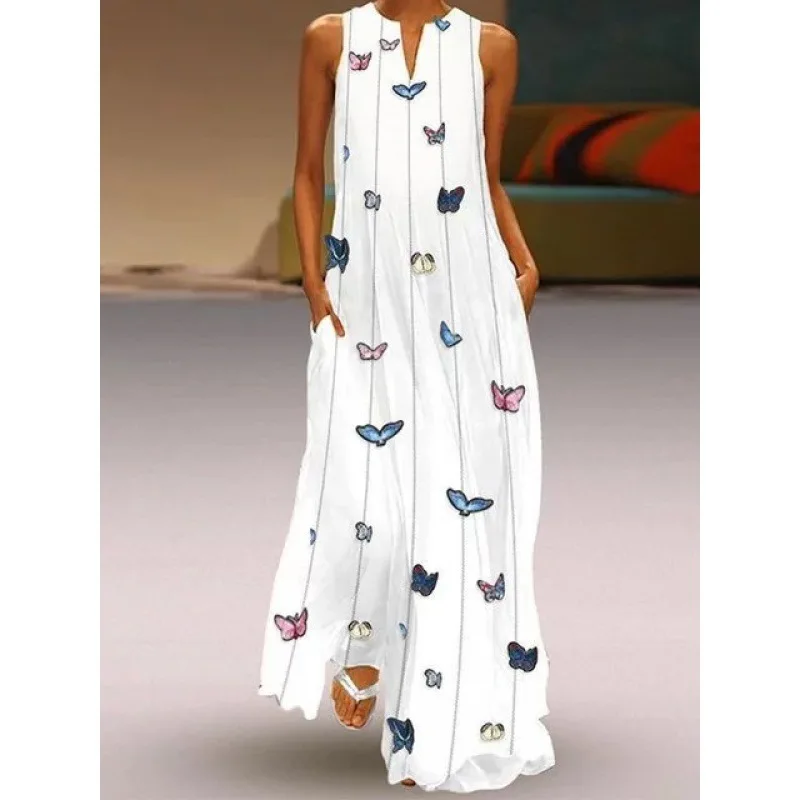 Dress Women Summer Butterfly Print V-neck Sleeveless Long Length Dresses A-line Casual Vestidos Cheap Clothing China JQMY9934