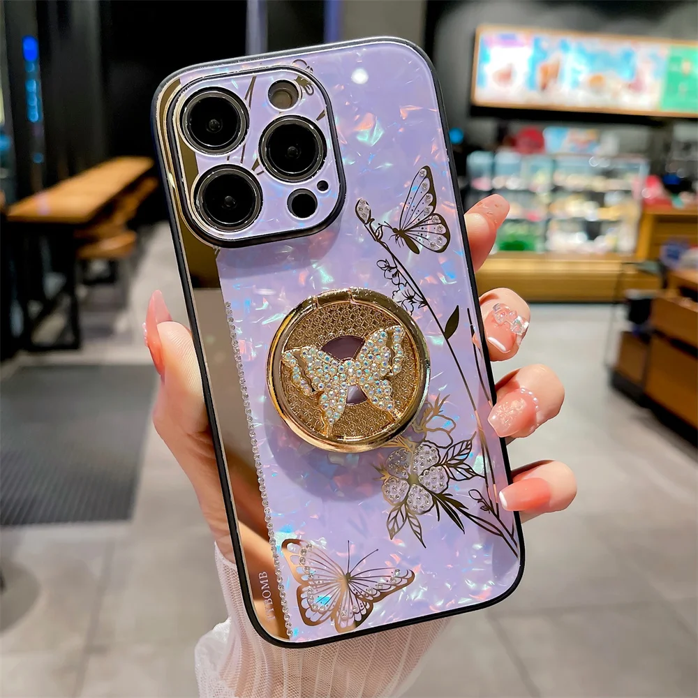 Luxury Butterfly Glitter Metal Ring Case for iPhone 15 Pro Max 7G 8G SE2 XR XS Max 11 12 13 Pro 14 Plus Girl Fancy Glossy Cover