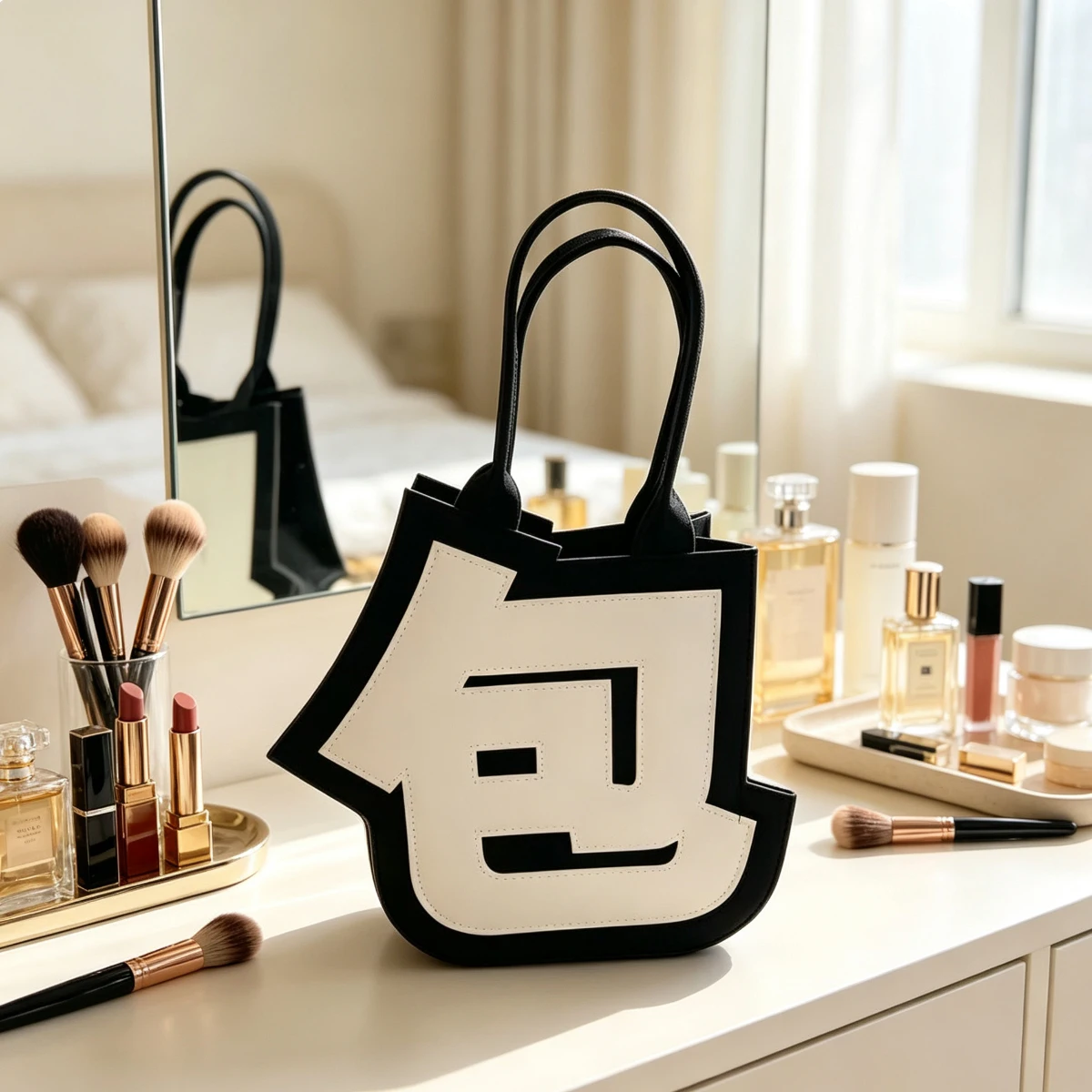 Creative Chinese Character Shape Felt Tote Bag Large Capacity Cosmetic Storage Bag Unique Design HandbagTravel Makeup Organizer