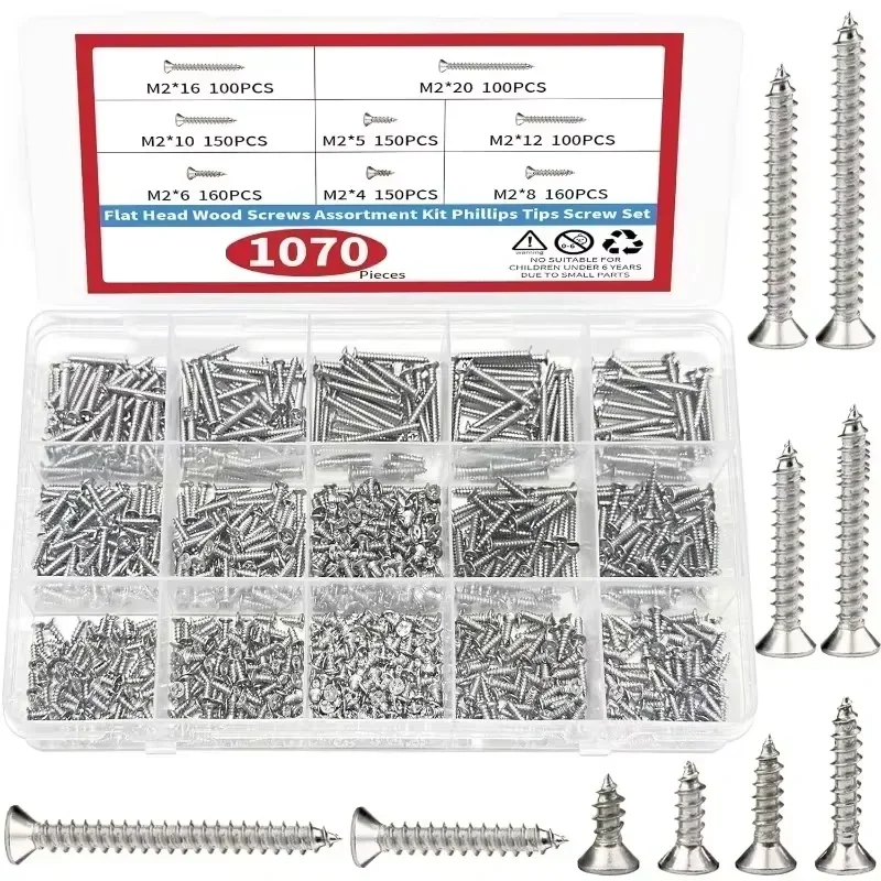 1070Pcs Stainless Steels Screw Kit Flat Head Self Tapping Screws Set M2 X 4/5/6/8/10/12/16/20 for Woodworking Tools Nail Screw