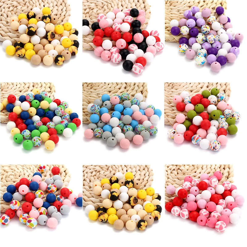 50Pcs 12mm Mixed Print Silicone Round Beads Sunflower Leopard Teething Beads for DIY Baby Pacifier Chain Clips Jewelry Making