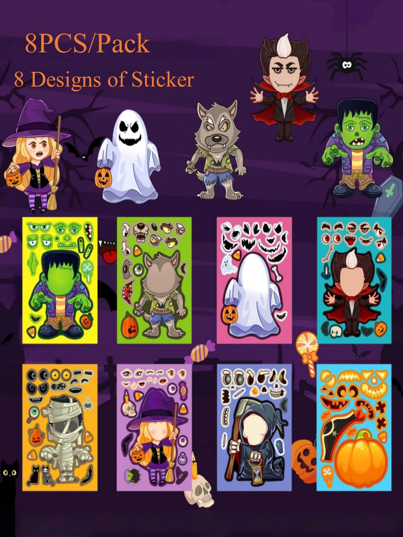 8-48 Sheets Halloween Stickers for Make a Face Stickers DIY Puzzle Sticker Halloween Ghost Skull Pumpkin Face Assemble Stickers
