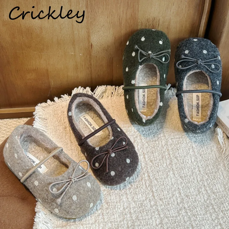 Dot Bow Girls Flats Shoes Winter Fur Plush Warm Kids Ballet Flats Elastic Band Soft Sole Toddler Children Princess Shoes