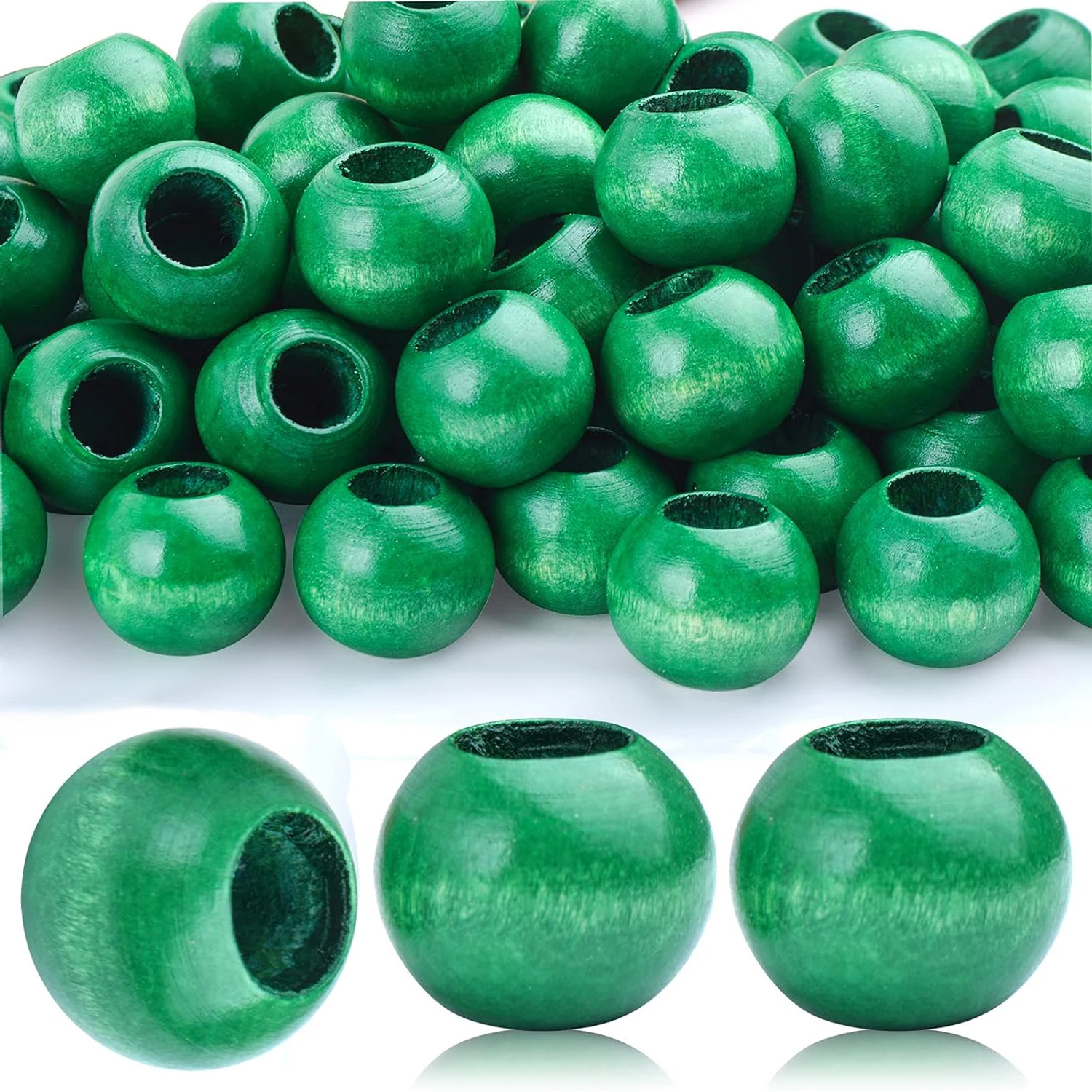 

100pcs 20mm Green Painted Wooden Beads - Large Hole Round Wooden Macrame Beads for DIY Jewelry Craft Making Garlands, Hole: 10mm