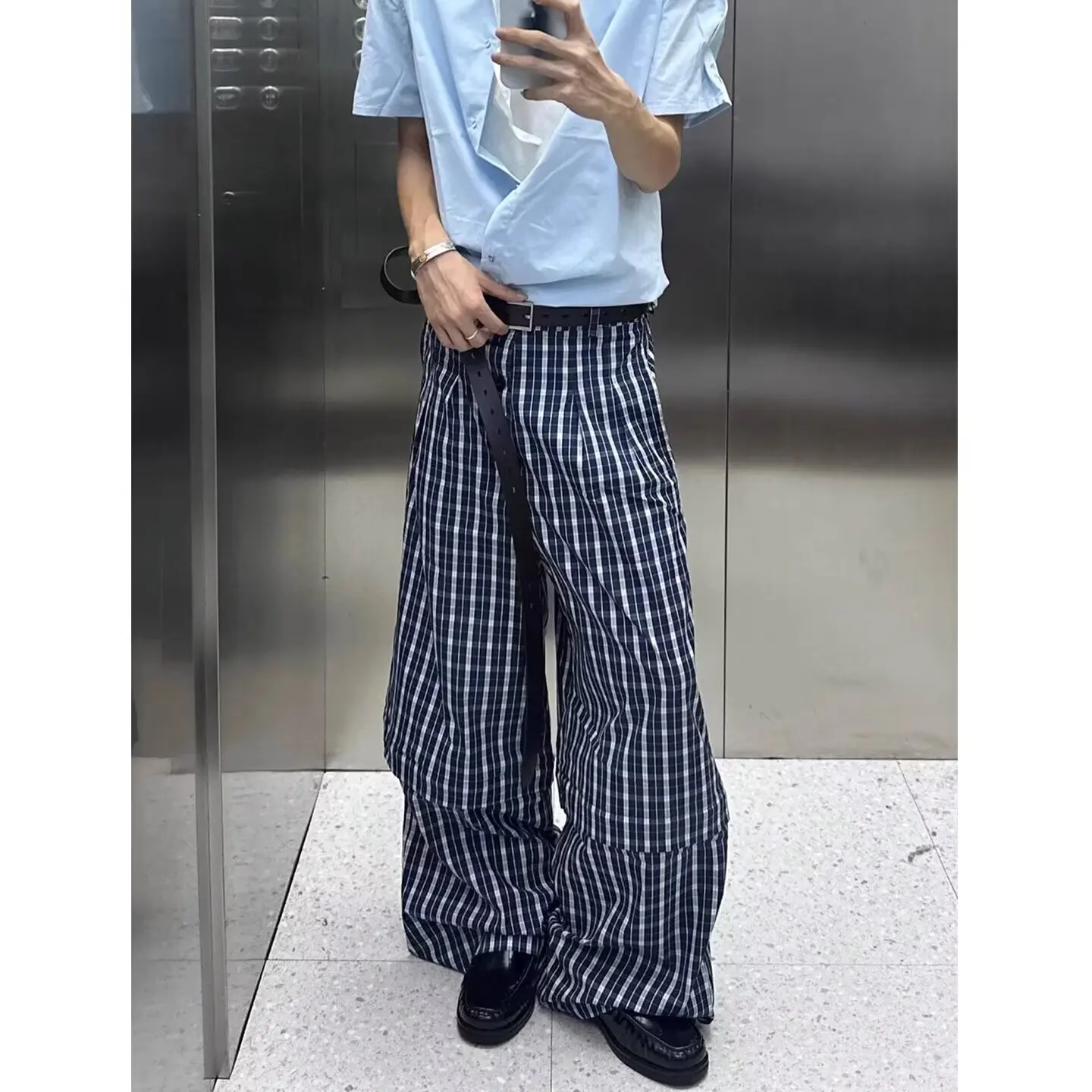 

Loose Men's Plaid Casual Pants Autumn Winter plus Size Straight Leg American Style Blue White Grids Wide Leg Pants