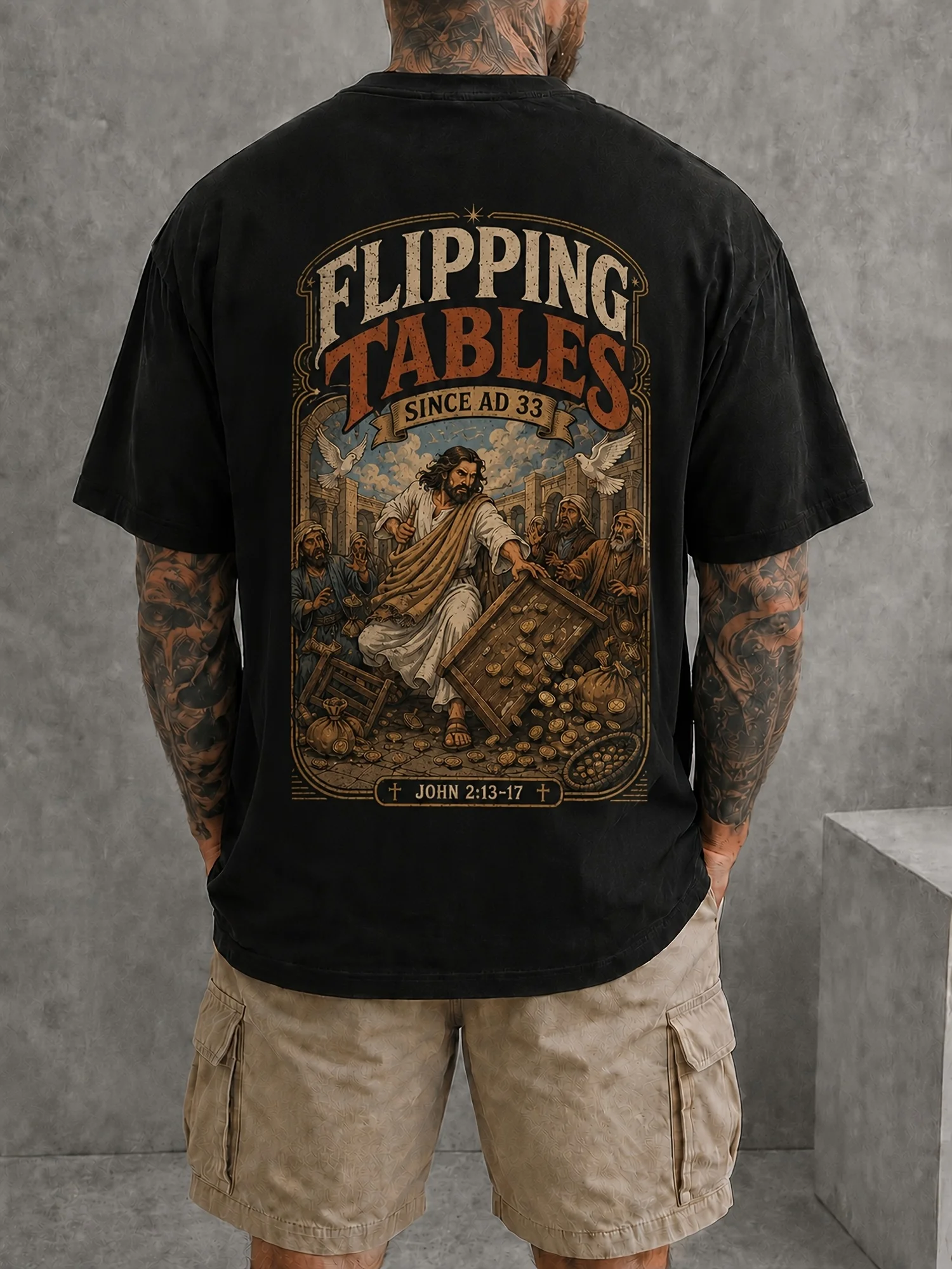 Men's Flip Table Pattern T-shirt, Extra Large Size Back Printed T-shirt, Retro Christian Bible Verse Shirt, Casual Short-sleeved Street Style, Church Gift.