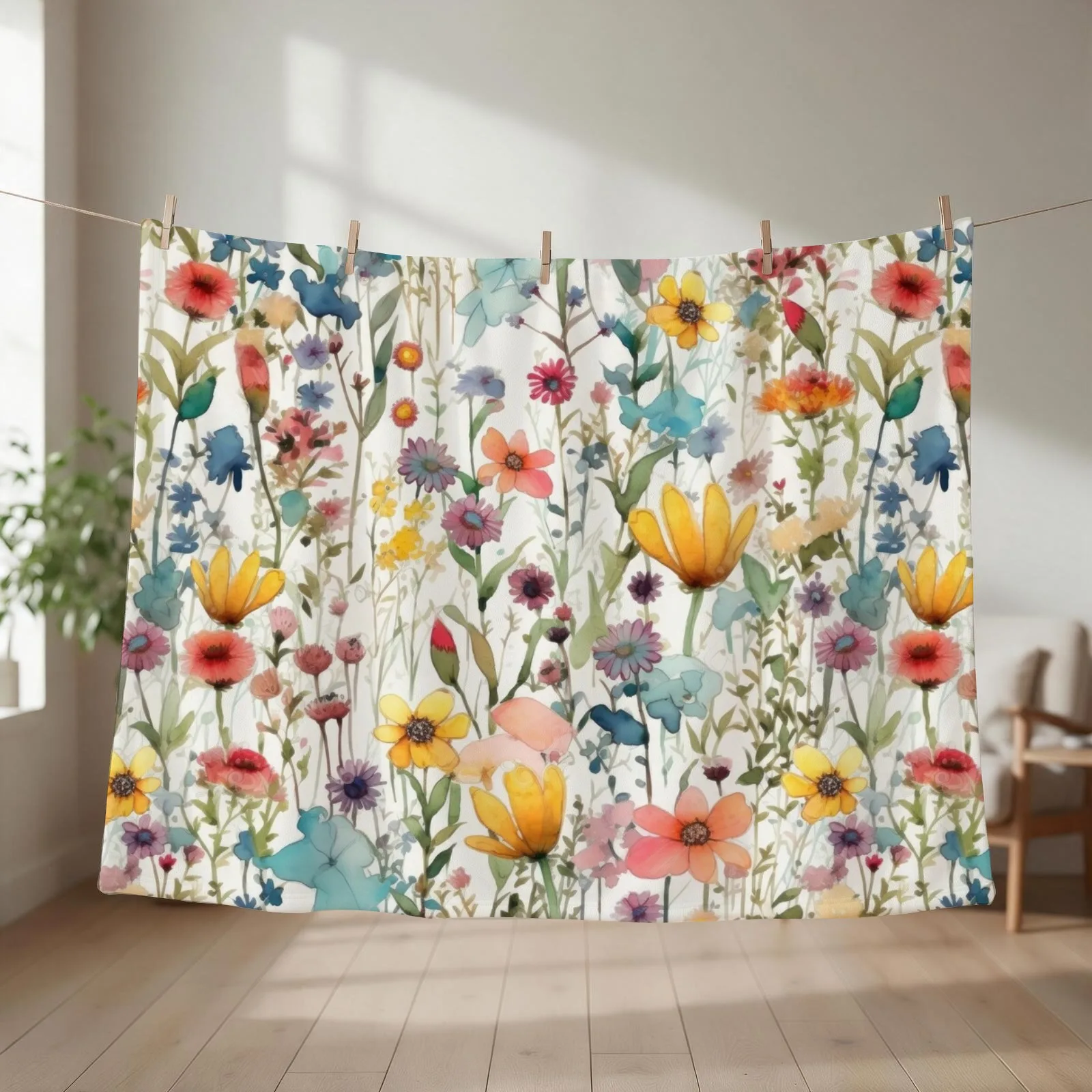 The cute watercolor wildflower meadow 1 Throw Blanket couch cozy soft plush fuzzy picnic outdoor blanket