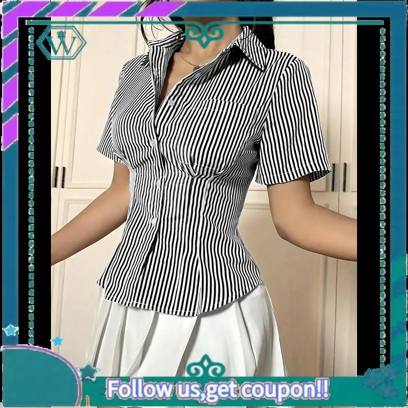 

A09P Womens Business Casual Outfits Dressy Casual Blouse Summer Button Down Peplum Tops Striped Shirts 2025