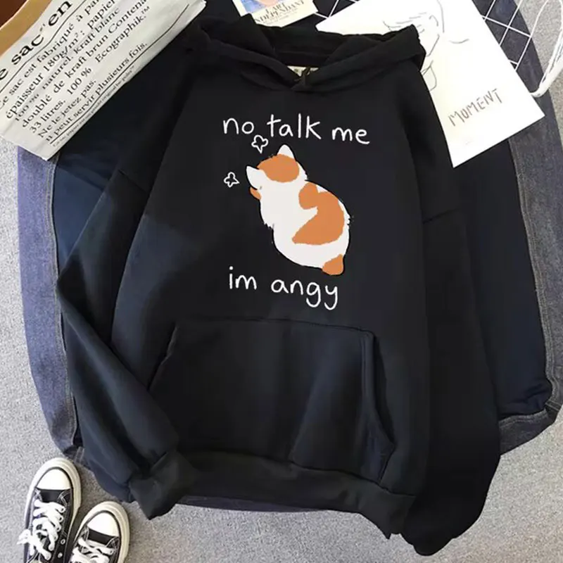 No Talk Me Cute Angry Cat Print Женская толстовка с капюшоном в стиле хип-хоп Мягкая толстовка Повседневная флисовая толстовка большого размера Флисовая женская уличная одежда