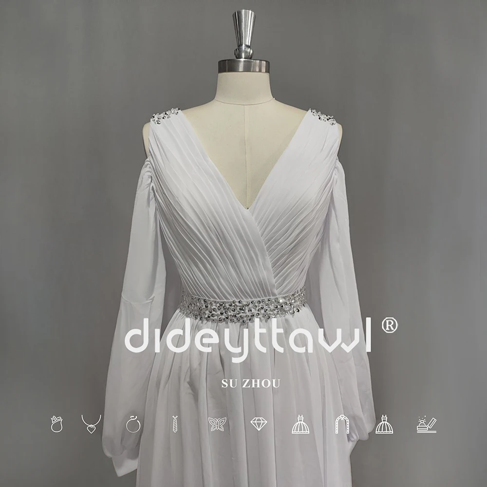 Dideyttawl fora do ombro v pescoço cinto lantejoulas chiffon boho vestido de casamento para as mulheres a linha botão ruched tribunal trem vestido de noiva