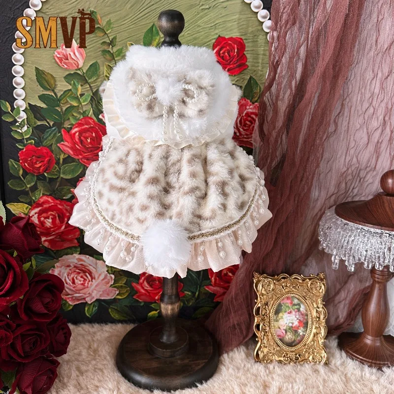Retro Plush Leopard Print Pet Winter Dress Furry Collar Pearl Bow and Lace Ruffle Hem Warm Fleece Princess Dress Pet Clothes