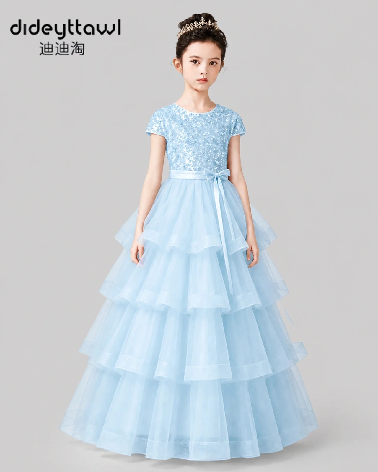 Dideyttawl Sequined Short Sleeve Tiered Tulle Floor Princess Pageant Dress Kids Formal Birthday Prom Party Gown Multi Colors