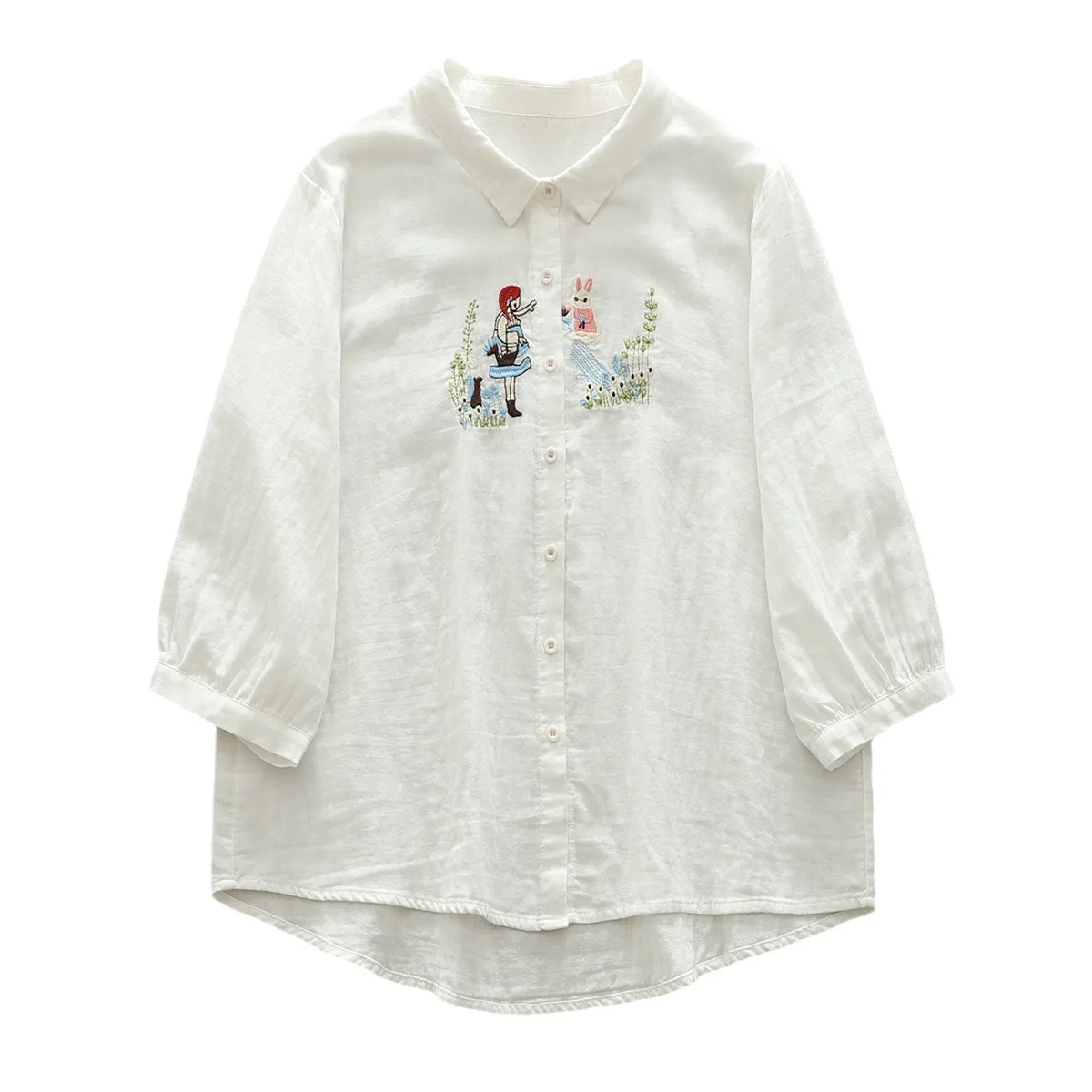 New Spring Cotton Rabbit Embroidery Shirt Women Lapel 3/4 Sleeve Commute Tops Girl Loose Versatile Blouses 2024 Autumn T45310QC