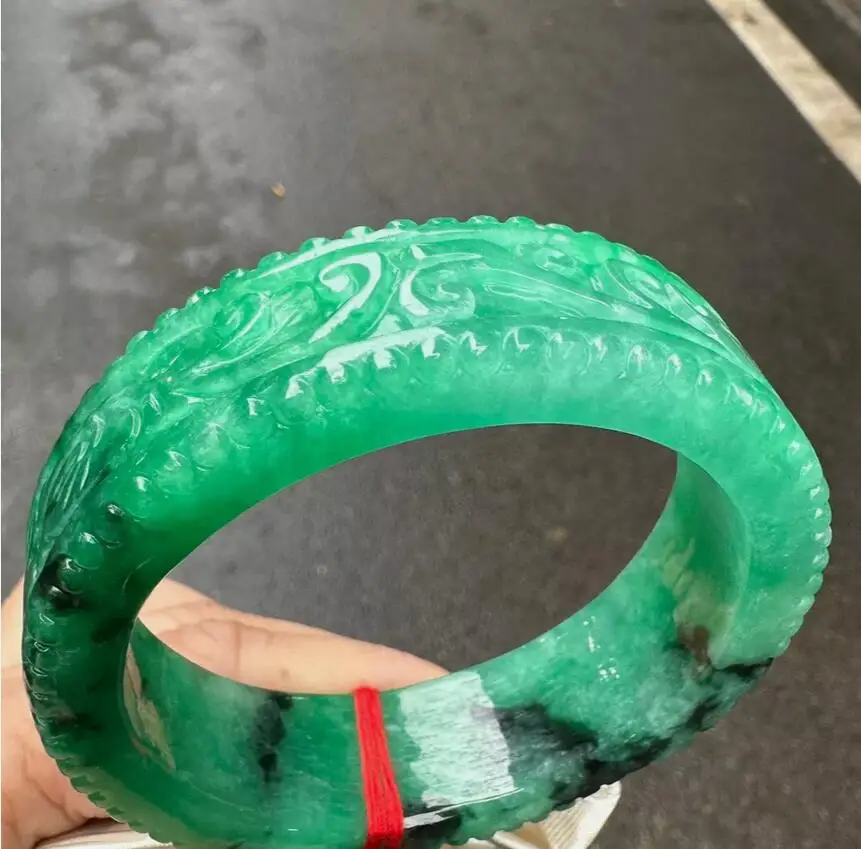 Round Rod Grade AAA Hand carving Green Burma Jade jadeite bracelet bangle 61mm