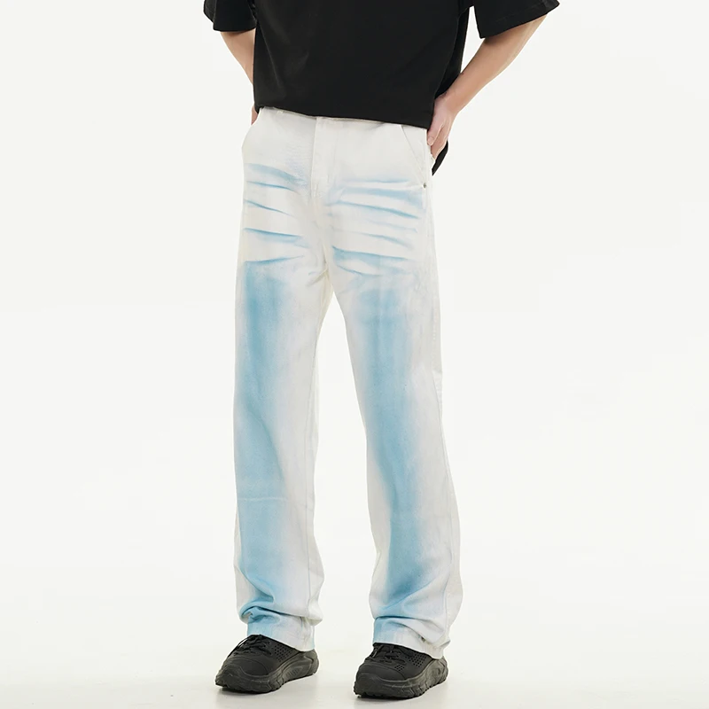 Hip hop fashion 2024 new jeans men's street fashion loose straight High Street printing dyed distressed trousers