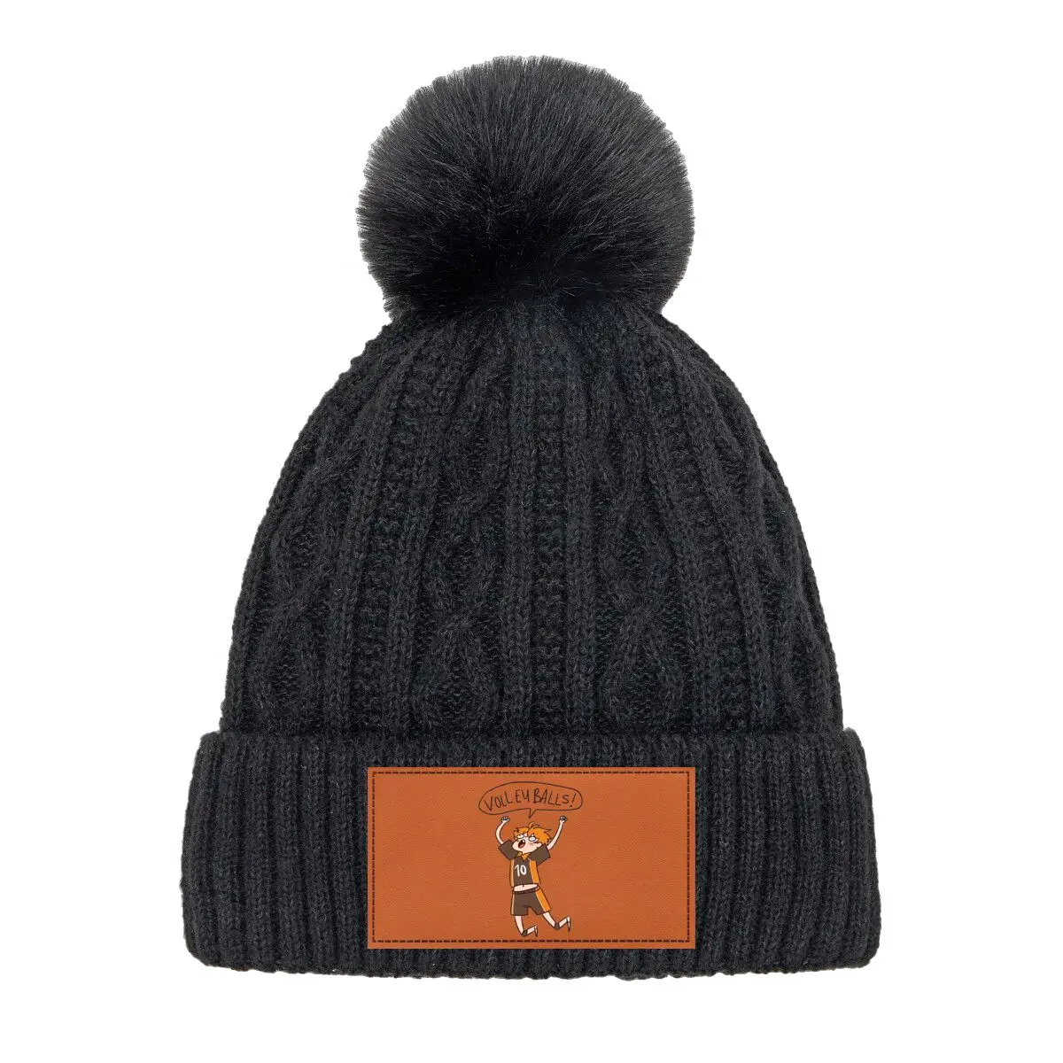 Gorro de punto con pompones para mujer, diseño temático de voleibol Haikyuu, otoño e invierno