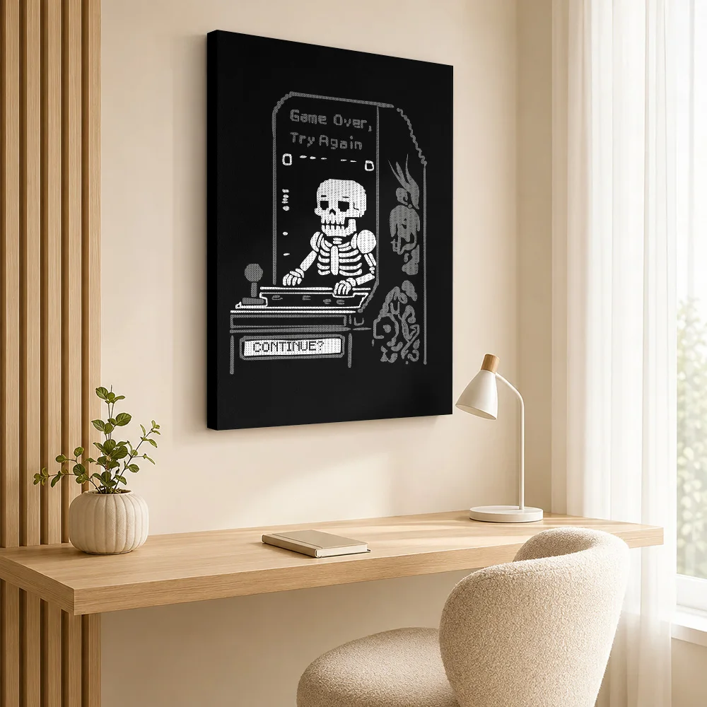 Skeleton Gamer Game Over Framed Canvas Posters Cyberpunk Style Canvas Wall Art With Personalized Photo For Study Ideal Teen Gift