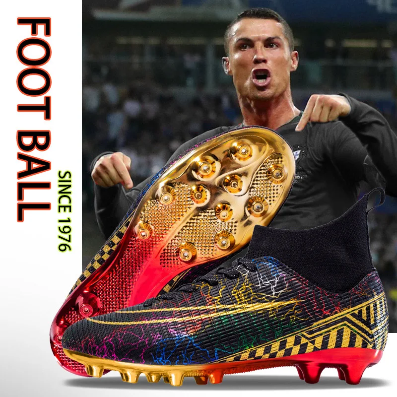 Man\'s Football Boots Gold High Ankle Outdoor Cleats FG/TF Soccer Shoes Indoor Grass Cleats Training Match Sneakers EUR 35-47#