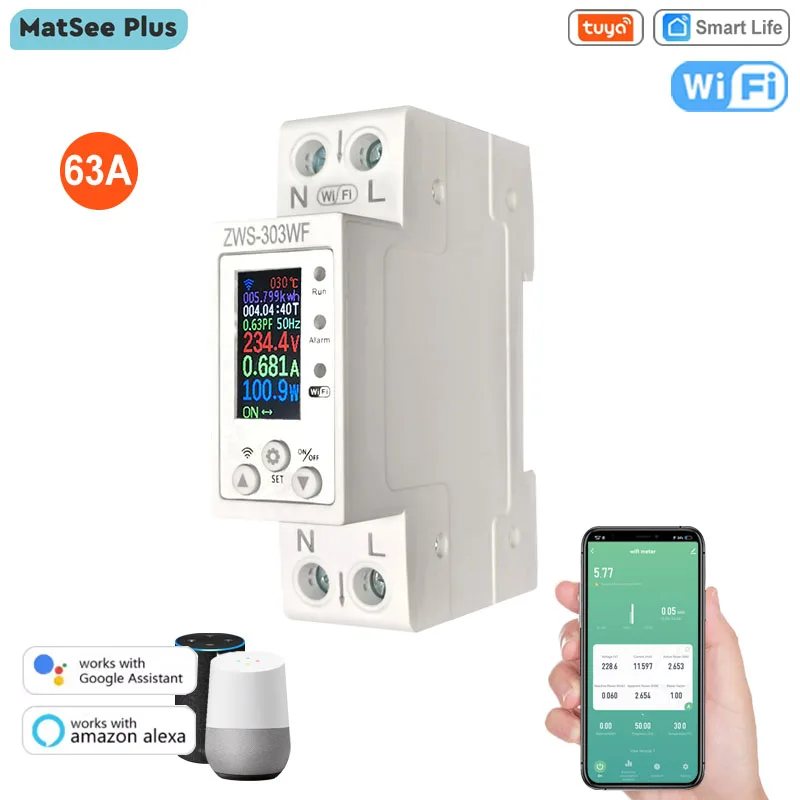 

Tuya Smart WiFi Energy Meter 63A Автоматический выключатель с экраном Автоматическое записывание Multi Protect Дистанционное управление Таймер AC 80-300V