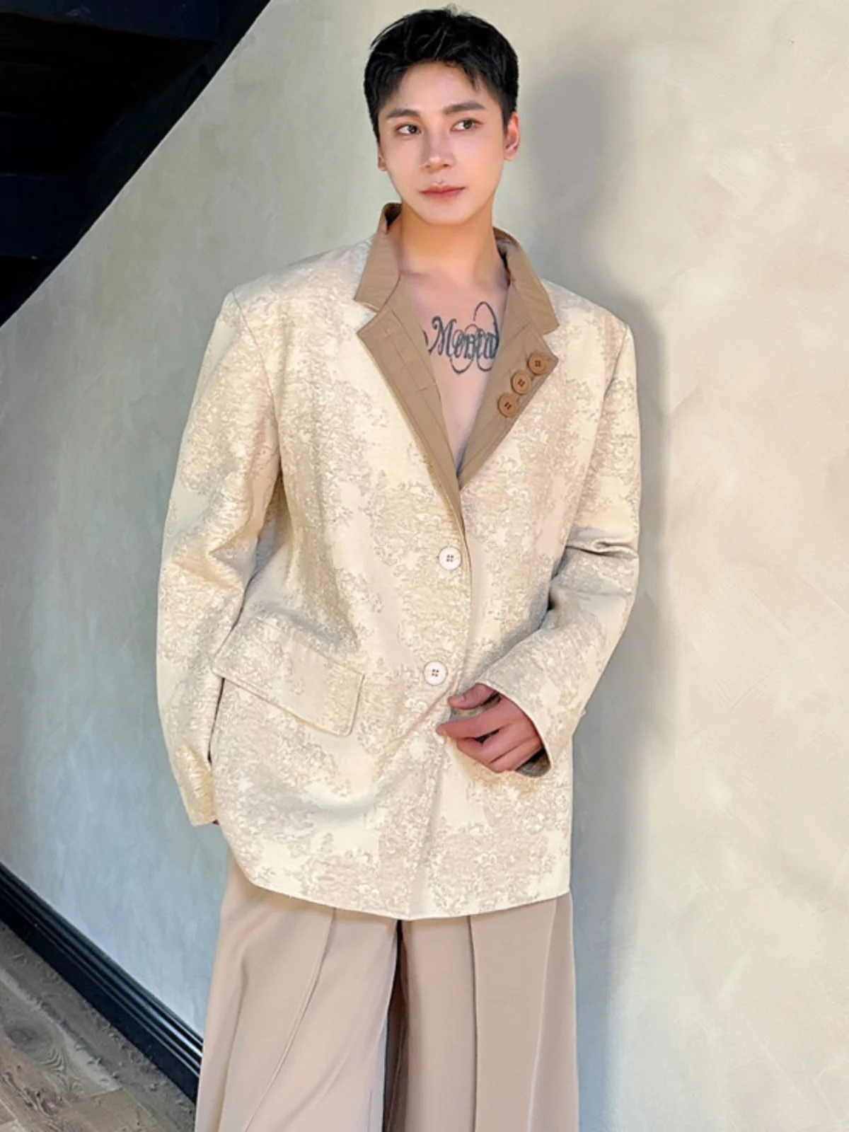 

Double-Sided Wear Casual Sle Men's Suit Lightweight Luxury Design Retro All-Match k Pattern Stand Collar Loose Outerwear