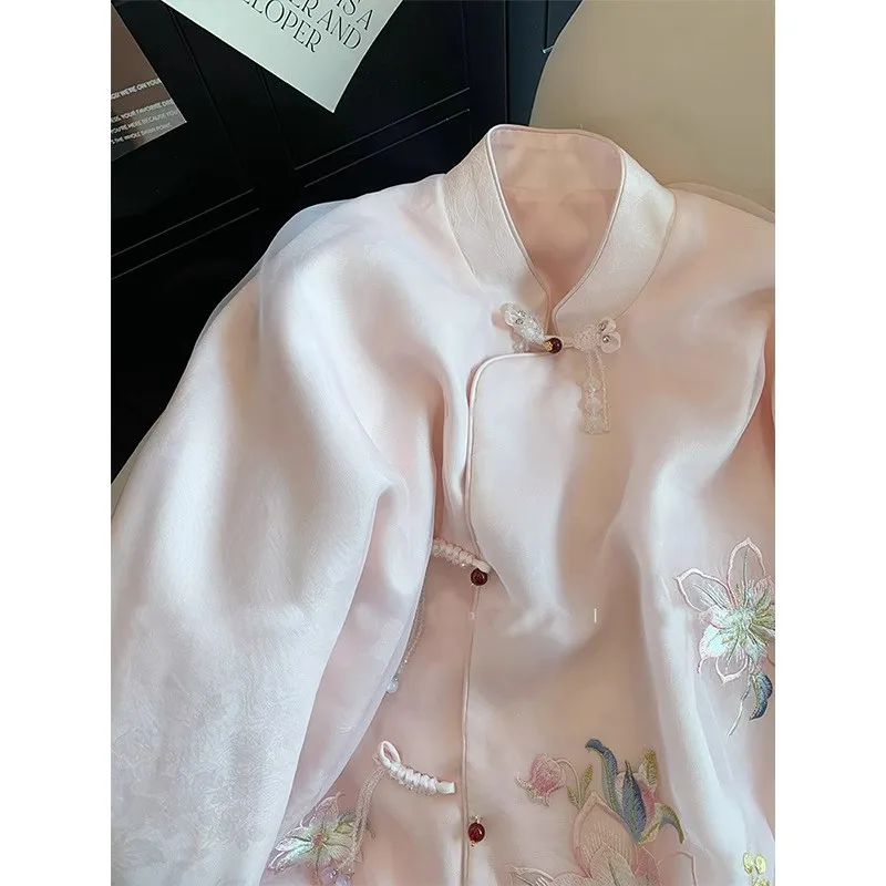 Chinesischen Stil frauen Blusen Stickerei Vintage Tops Mode Lose Sommer Kleidung Lange Ärmeln Chiffon frauen Shirts