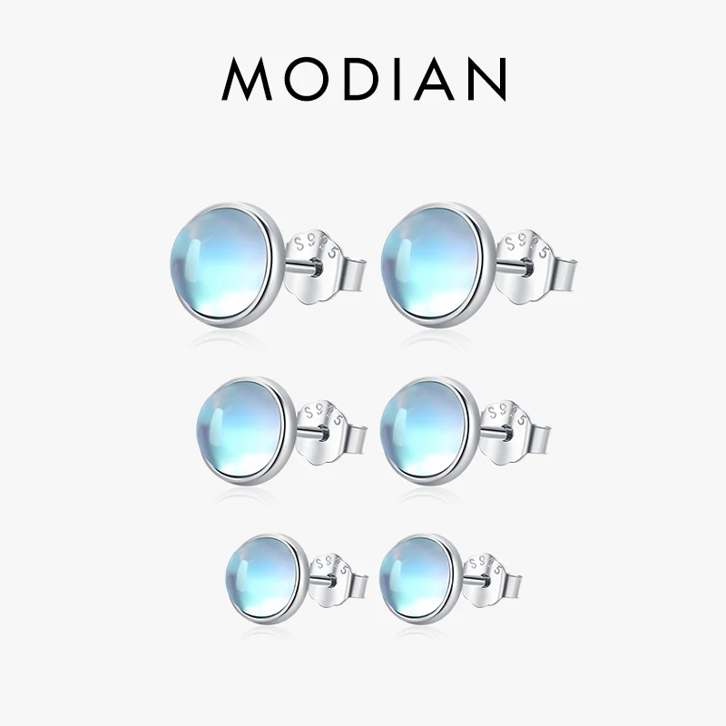 

Modian 925 Sterling Silver Round Exquisite Moonstone 4 5 6 MM Stud Earrings Platinum Plated Charm Ear Studs For Women Jewelry