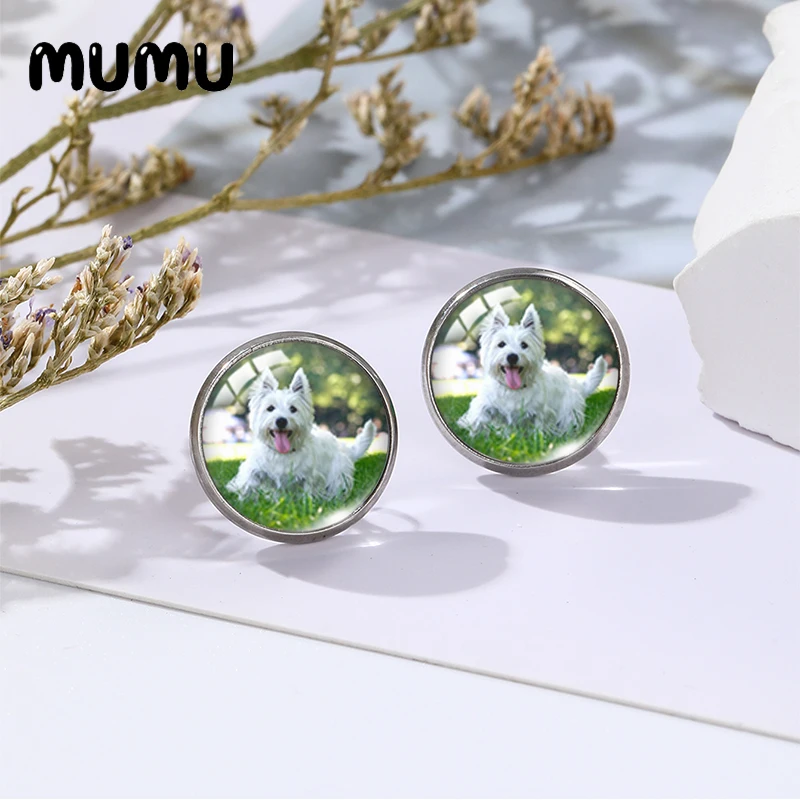 2023 New Westie Dog Earring Little White Dogs Stud Earrings Glass Dome Cabochon Jewelry 12mm Round For Freinds