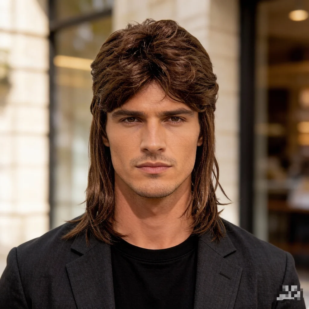 Brown Mullet Synthetic Wig, Retro 80s Style Hair for Men, Ideal for Halloween, Parties and Cosplay Events