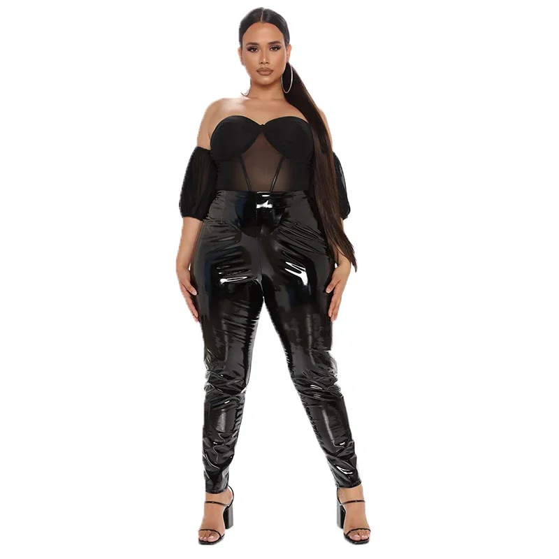 Plus Size Shiny Patent Leather Pants Women High Waist Bodycon PU Leather Trousers Ladies Sexy Stretch Pencil Pants Back Zip 5XL