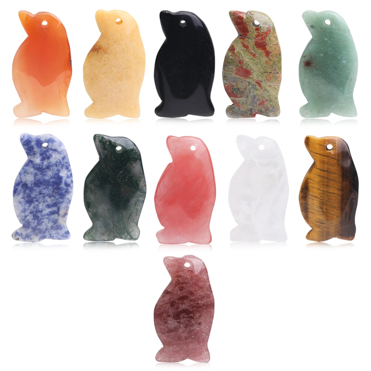 39*21mm craved natural semi-precious stone crystal agate tiger eye yellow red stone quartz penguin animal pendant charms for diy