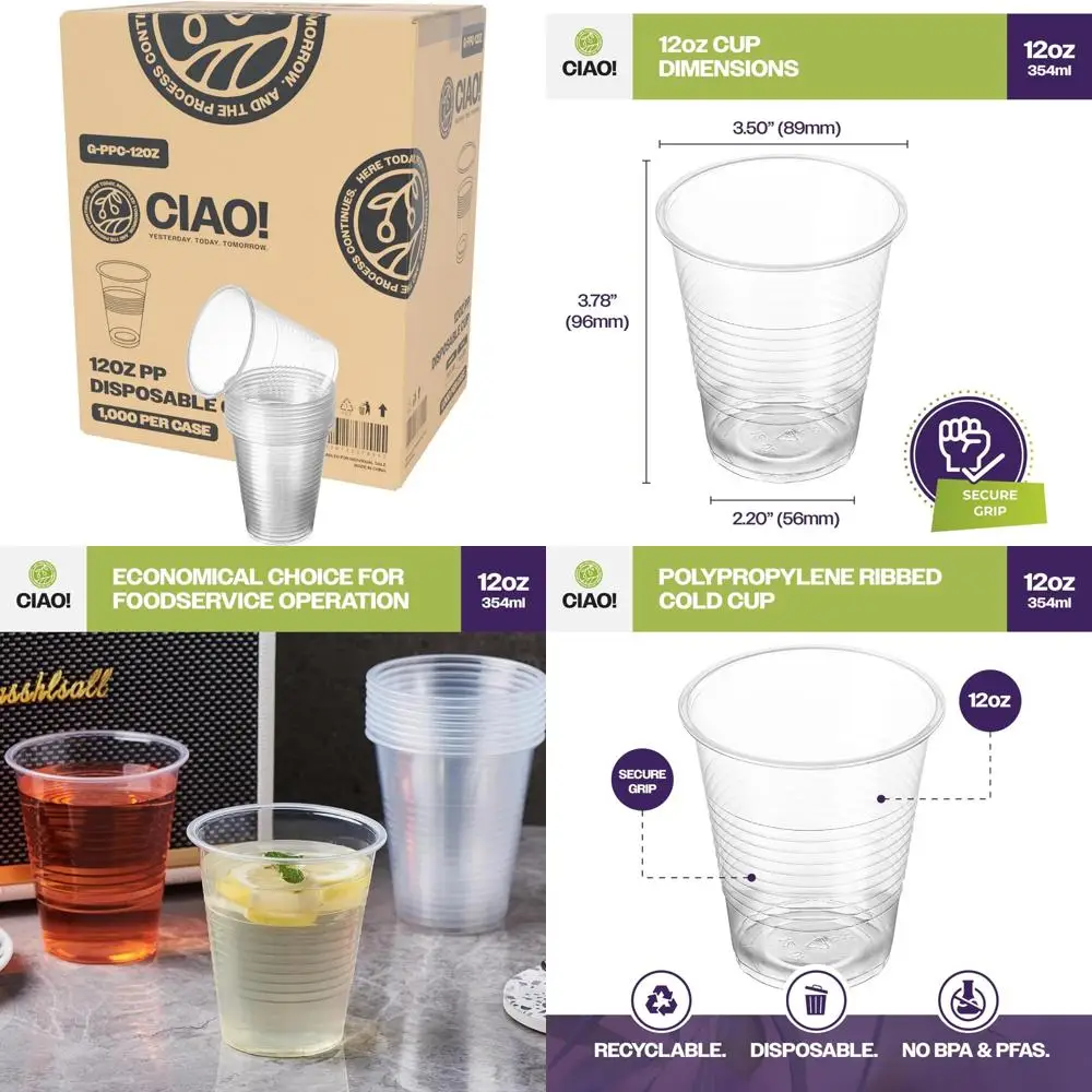 

Ребристые одноразовые полипропиленовые стаканчики, 12 унций, упаковка по 1000 шт. для использования на вечеринках и общественного питания.