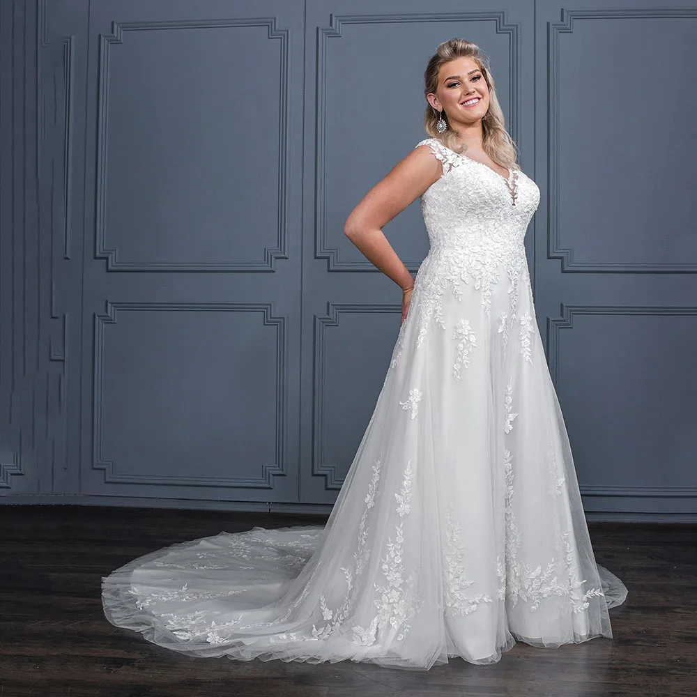 Robe de mariée en dentelle, grande taille, exquise, col en v, dos nu, appliques, en Tulle, ligne a, balayage, traine, robe de mariage